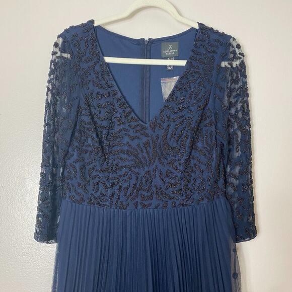 NWT ADRIANNA PAPELL DRESS BEADED LONG FORMAL MAXI EVENING NAVY BLUE FLOWY GOWN - Picture 8 of 16